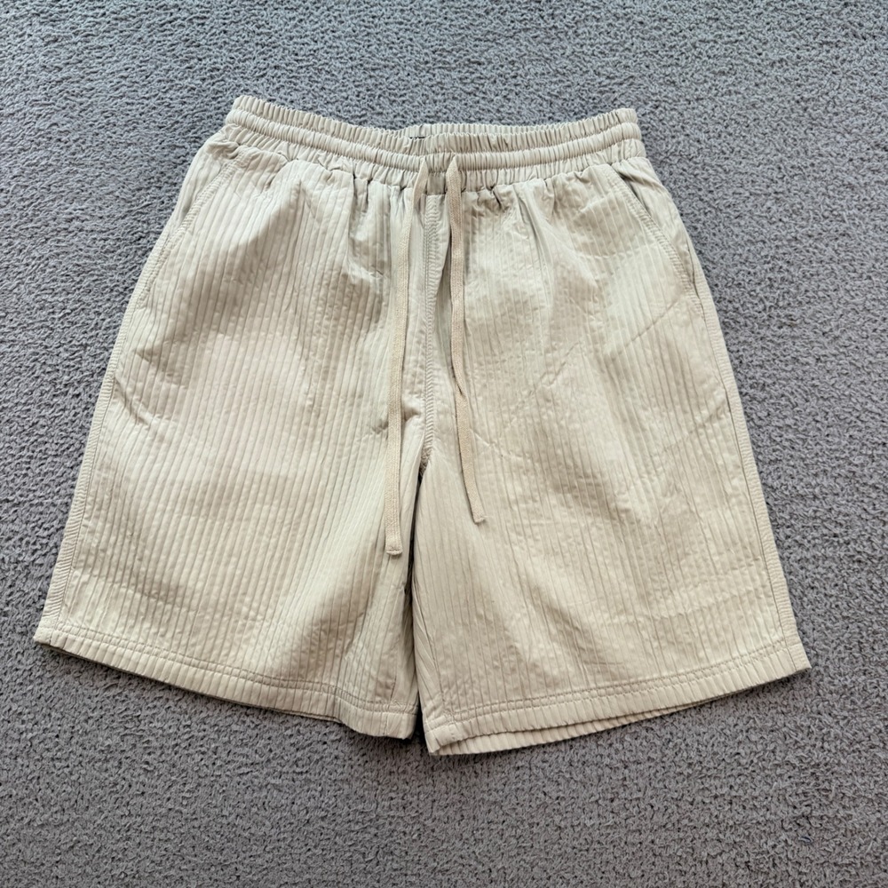 Fashion Nova Men Tan Ribbed Drawstring Shorts Mens Medium Khaki Textured Casual